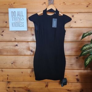 Novo London NWT Mini Sheath Dress Black Exposed Open Back Shoulder Pad GZ69 Sz M